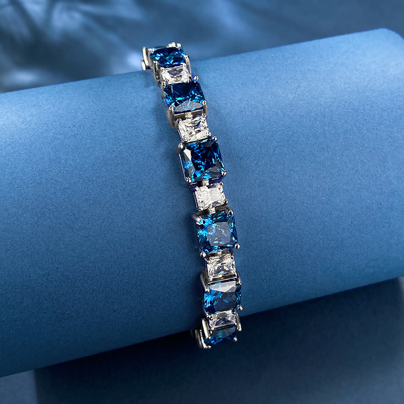 New 925 Sterling Silver Fashion Blue Simulated Diamond Bracelet for Women Elegant Ice Flower Design Luxury Gift Choice