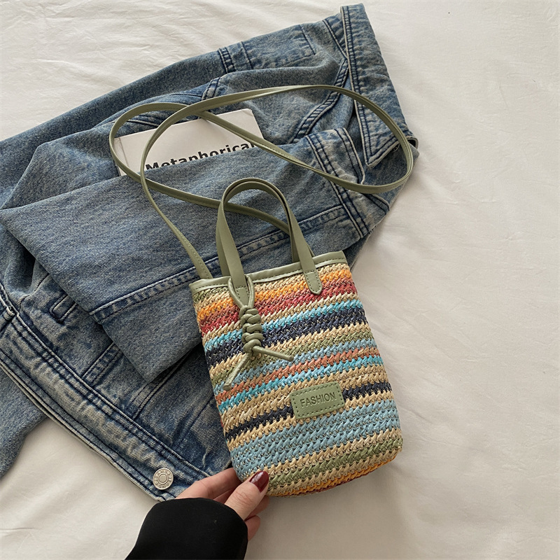 Free Delivery Designer Bag Korean Version Color Striped New 2025 Girls' Spring And Summer Trend Fashion Woven Single Shoulder Crossbody Mobile Ph