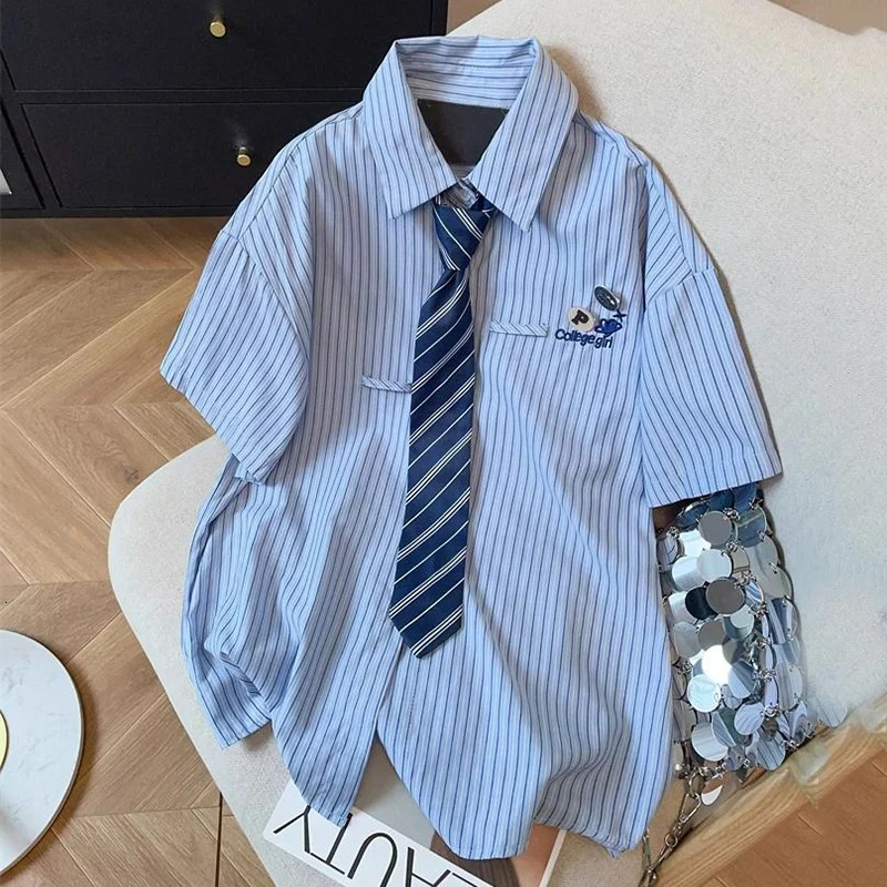 2025 Preppy Style Blue Striped Shirt Summer Short Sleeve Loose Blouse Woman Streetwear Letter Embroidery Shirts Female 250516Z