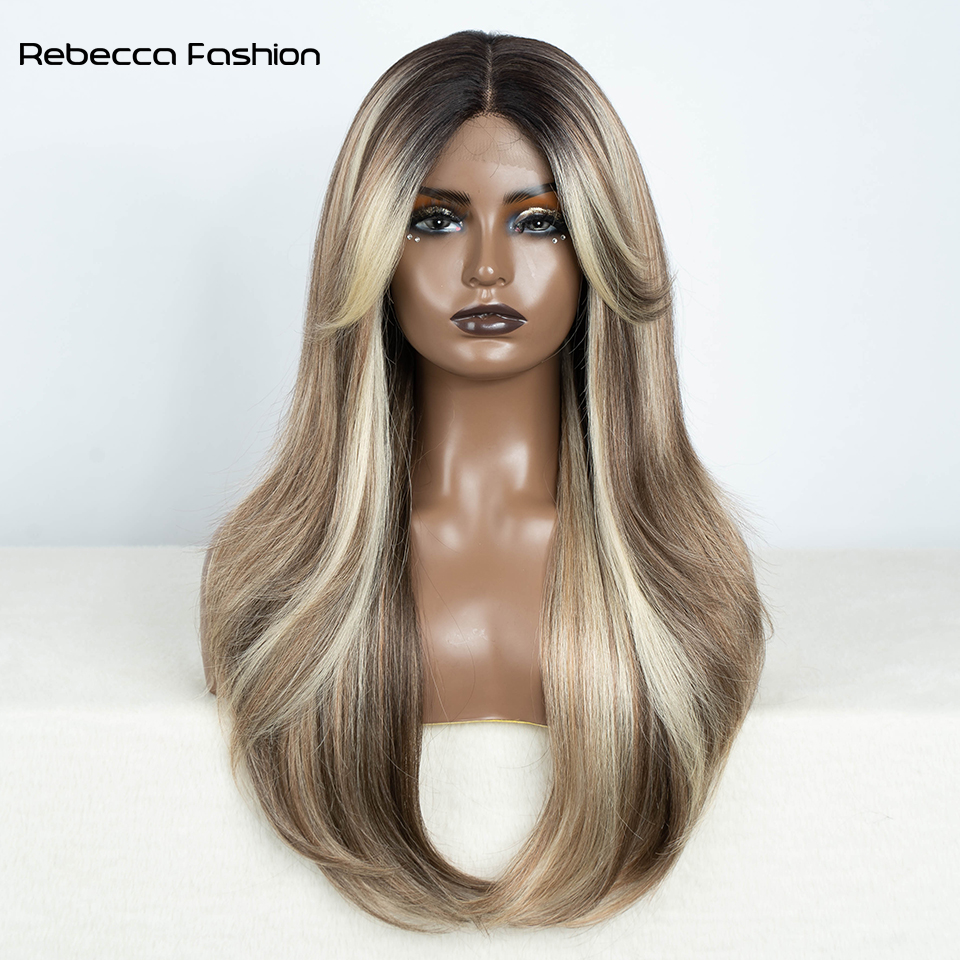 Rebecca Fashion Synthetic Front Wigs For Women Straight 28 Inche Bob Ombre Brown Blonde White Lace Glueless Cosplay Wig