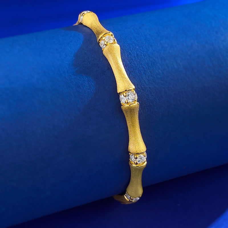 New S925 Sterling Silver Italian Vintage Handmade Brushed Bamboo Bracelet with Zirconia Accent, Adjustable Elegant Bamboo Style Bangle
