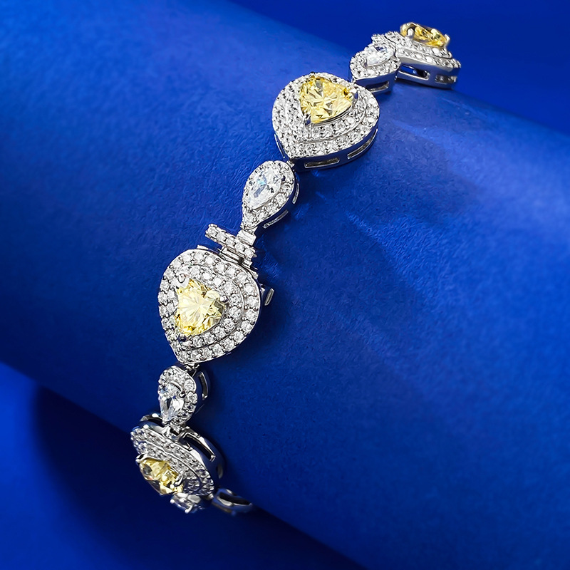 S925 Silver Heart-Shaped Yellow Diamond Bracelet for Women, Full Diamond Luxury Design, Elegant Gift for Her
