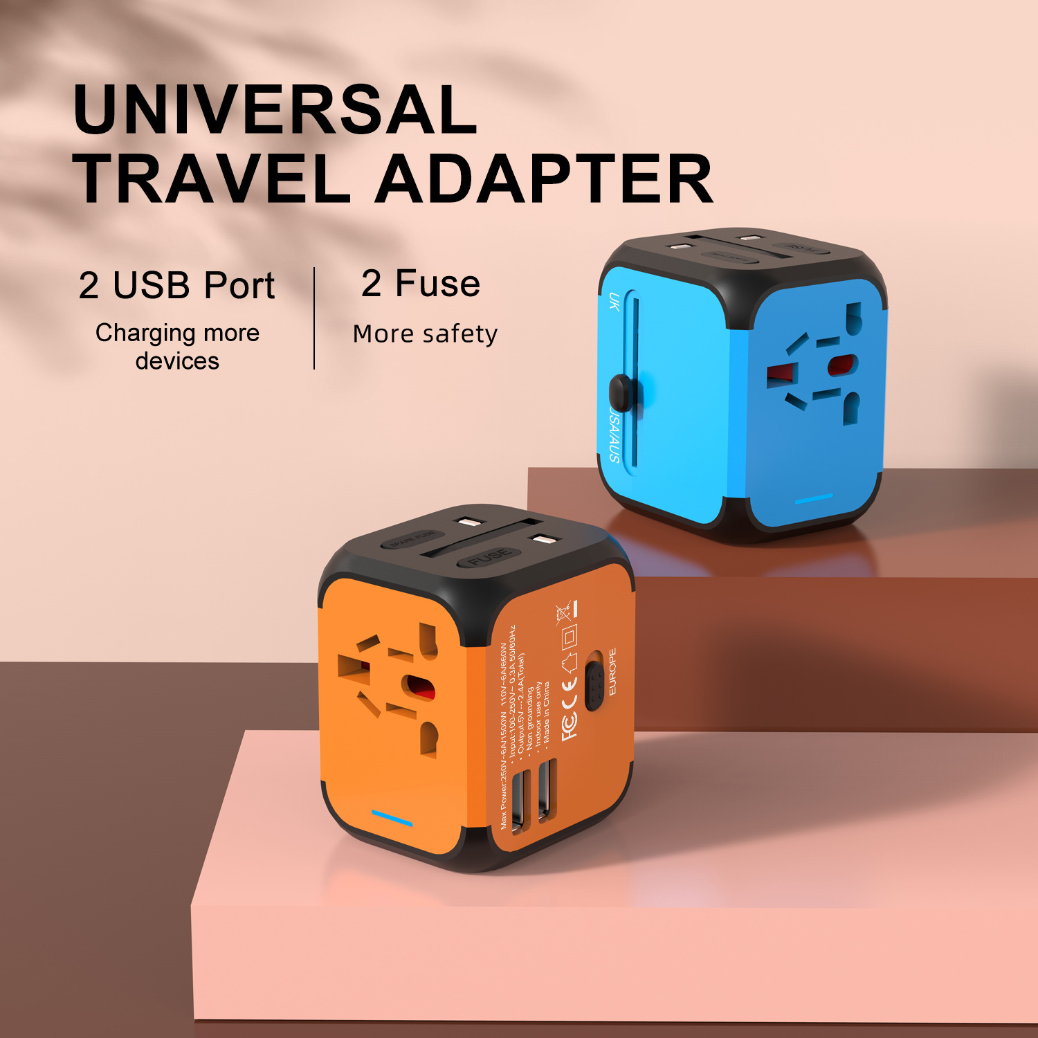 All-in-One Universal Travel Adapter with 2 USB Ports, Worldwide US/AU/UK/EU Plugs, Dual Fuse Safety & Fireproof Design - Compact 100-250V Charger for 