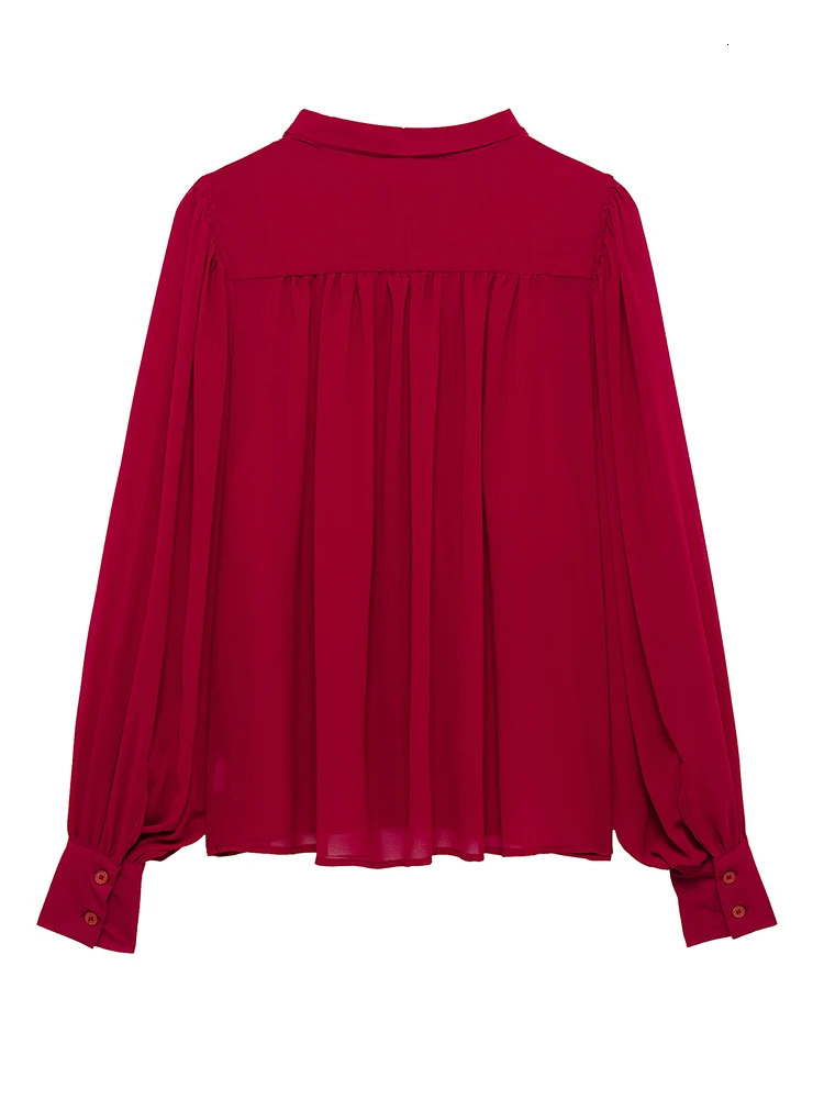 TFMLN 2025 Women Solid Bow Collar Blouses Office Ladies Thin Translucent Red Tops High Street Loose Sweet Girls Shirt 250516Z