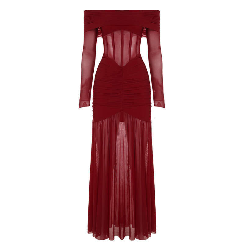 Sheath Dress Evening Sexy One Shoulder Fishbone Waist Mesh Splicing Folded Hip Wrapping Long Sleeve Dress Spring Summer Dress