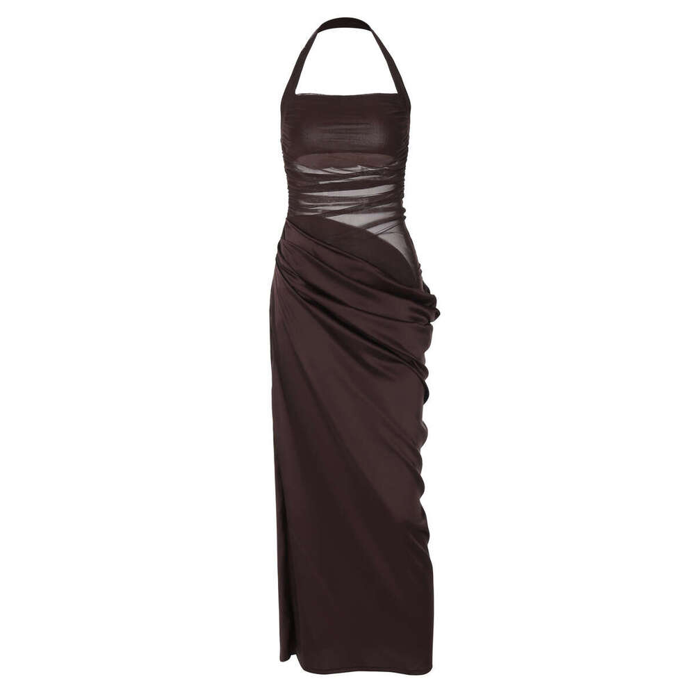 Sheath Dress Sexy Mesh Patchwork Dress Slim Fit Backless Solid Color Waist Hanging Neck Elegant Long Skirt Women S Clothing Summer Dress