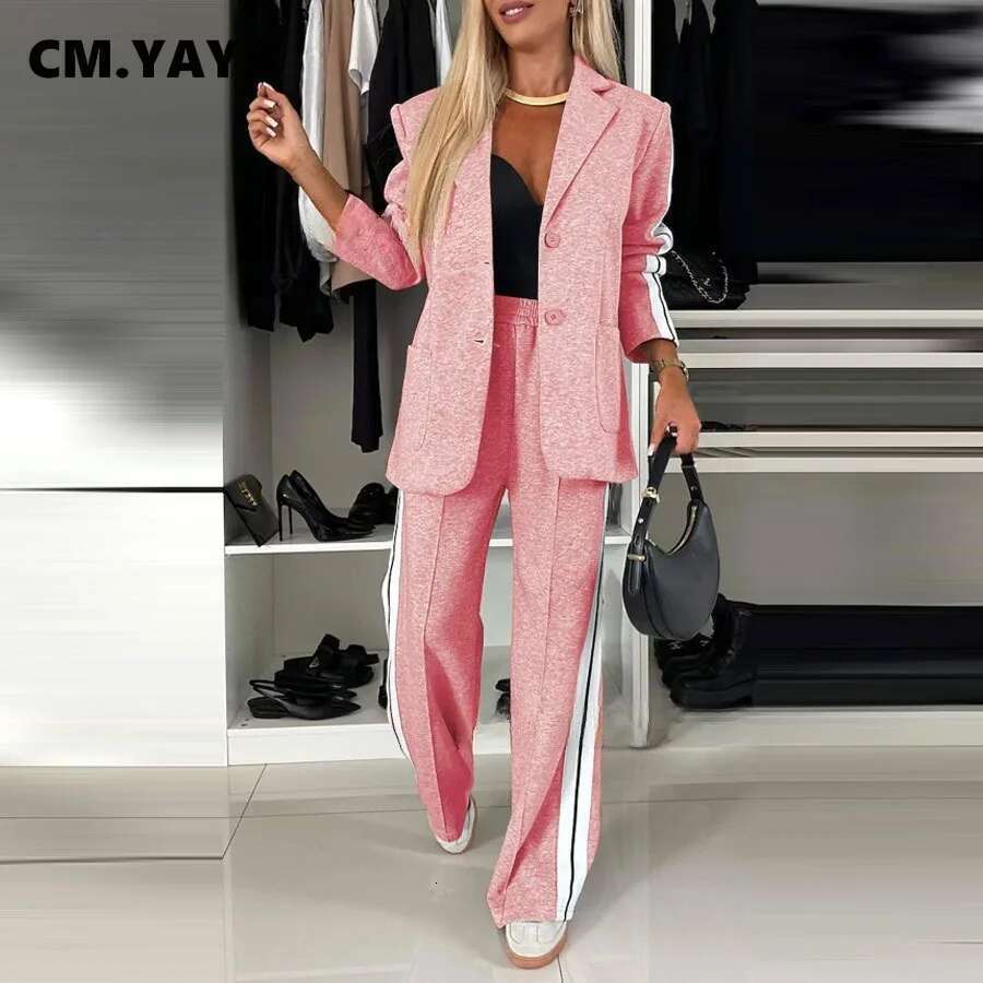 Cm.Yaya Elegant Women Pants Suit And Long Sleeve Blazer Matching OL Streetwear Two 2 Piece Set 2024 Winter Ribbon Outfits Designer