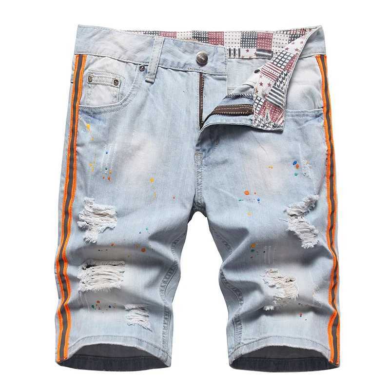2023 Summer New Mens Ripped Short Jeans Brand Clothing Bermuda Cotton Side Stripe Fluorescent Shorts Breathable Denim Shorts J25051521A8