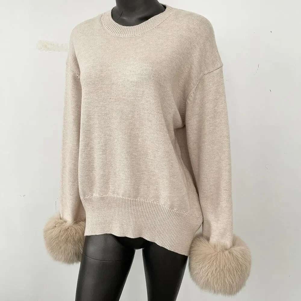 OFTBUY European American New Autumn Winter Knitted O-Neck Loose Solid Color Detachable Real Fox Fur Cuff Sweater 250520