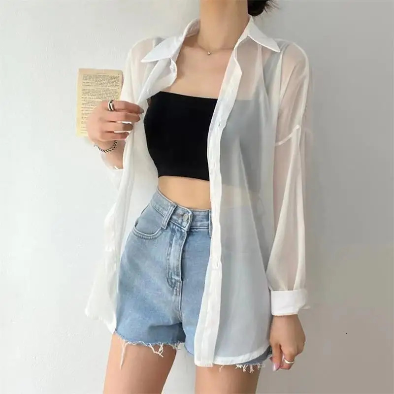 7 Colors Shirt Sheer Thin Chic Summer Simple Solid Sunproof Tops Fashion Baggy Allmatch Basic Korean Style Sexy Clothes 250516Z