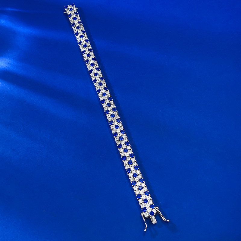 Elegant S925 Sterling Silver Bracelet with Royal Blue Full Diamonds, Trendy Fashionable Ins-style Jewelry, Perfect Gift for Her