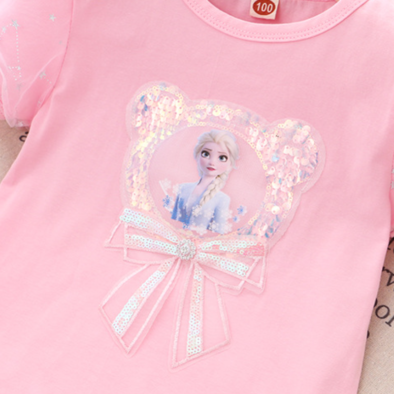 DISNEY infant designer clothes kids designer clothes Frozen Elsa princess short-sleeved puffy-sleeve T-shirt with shiny sequins on top.