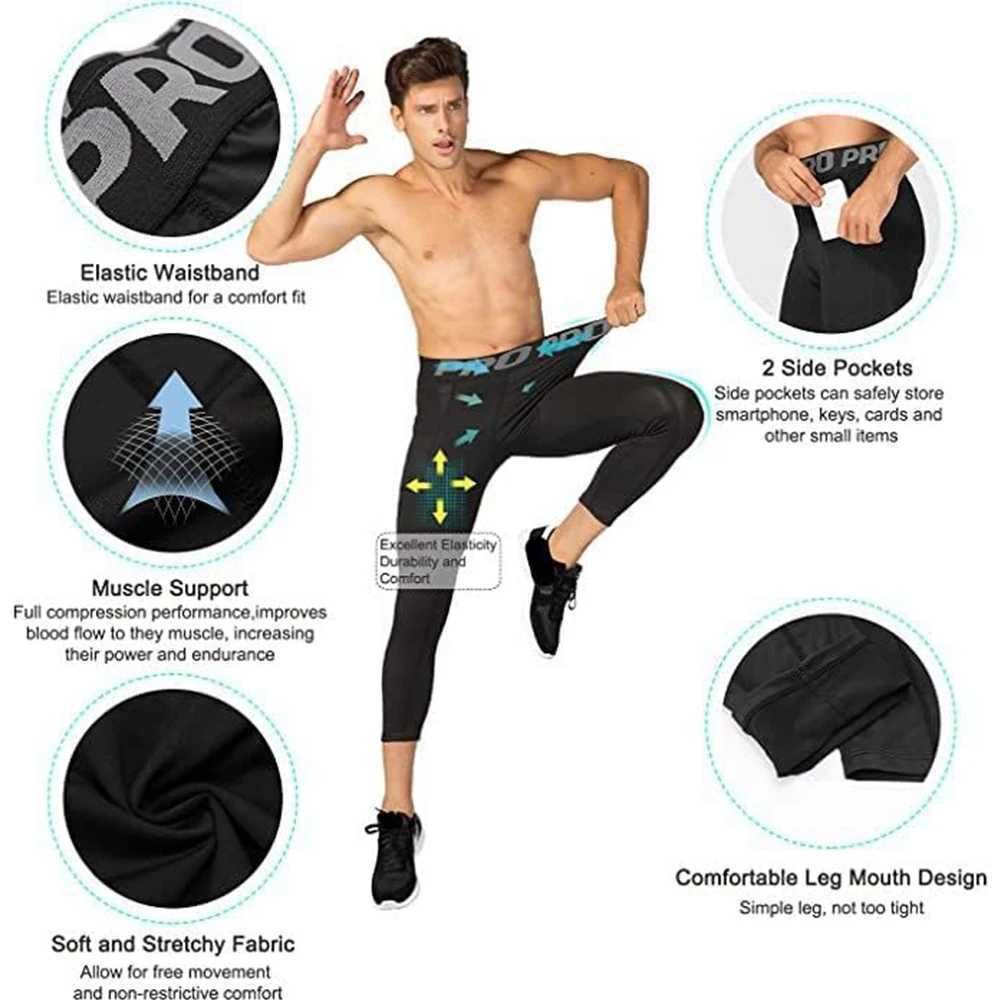 3/4 Compression Pants Men Quick Drying Gym Workout Leggings Basketball Running Athletic Sports Training Base Layer Bottoms J250516