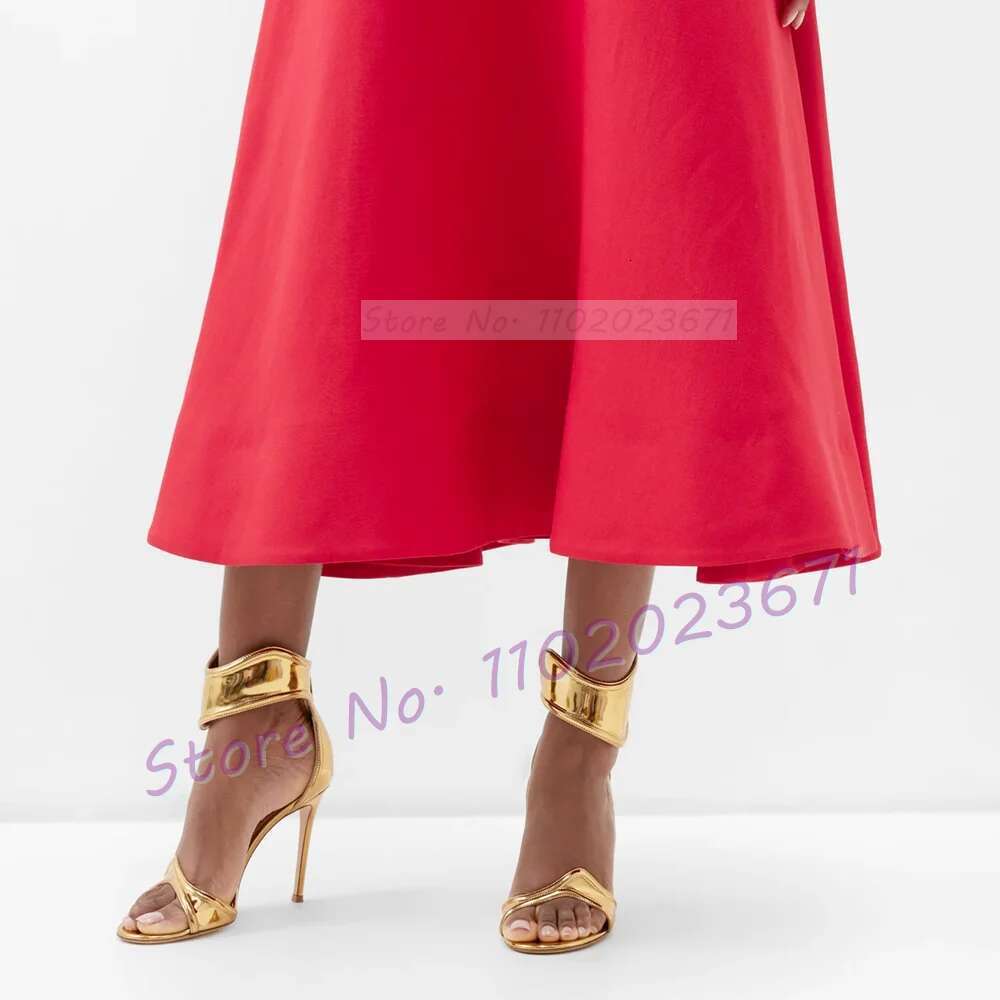 Gold Curved Straps Open Toe Women Mirrored-leather High Heels Stylish Shoes Ladies Elegant Back Zipper Party Sandals