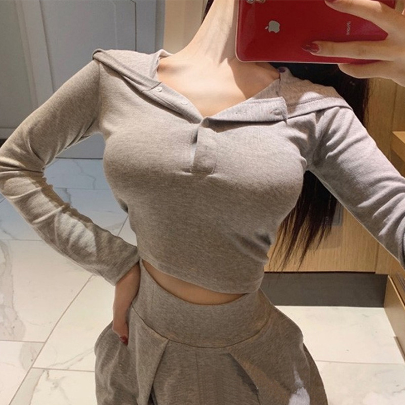 CL1208 Half-open collar sexy pure desire to show body shape short waist-revealing hooded T-shirt long-sleeved sweater for women