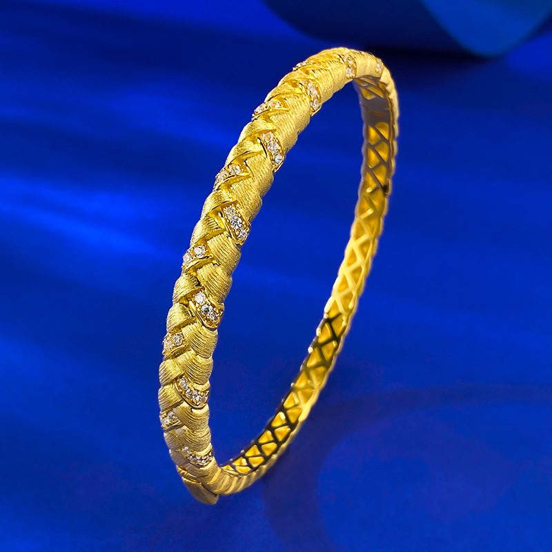 Elegant S925 Sterling Silver Gold-Plated Woven Wheat Stalk Bracelet with Polka Dot Design, Matte Texture, Luxury Braided Cuff for Women