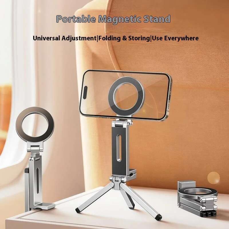 Foldable Magnetic Phone Tripod Holder, 360° Rotating Portable Travel Video Shooting Desk/Plane Train