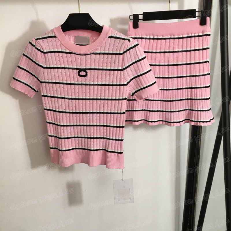 Luxury Hollow Knitted T Shirt Skirts Outfits Women Y2K Style Striped Tees Skirt Suits Designer Knit Short Sleeve Jumpers Short Dress Set