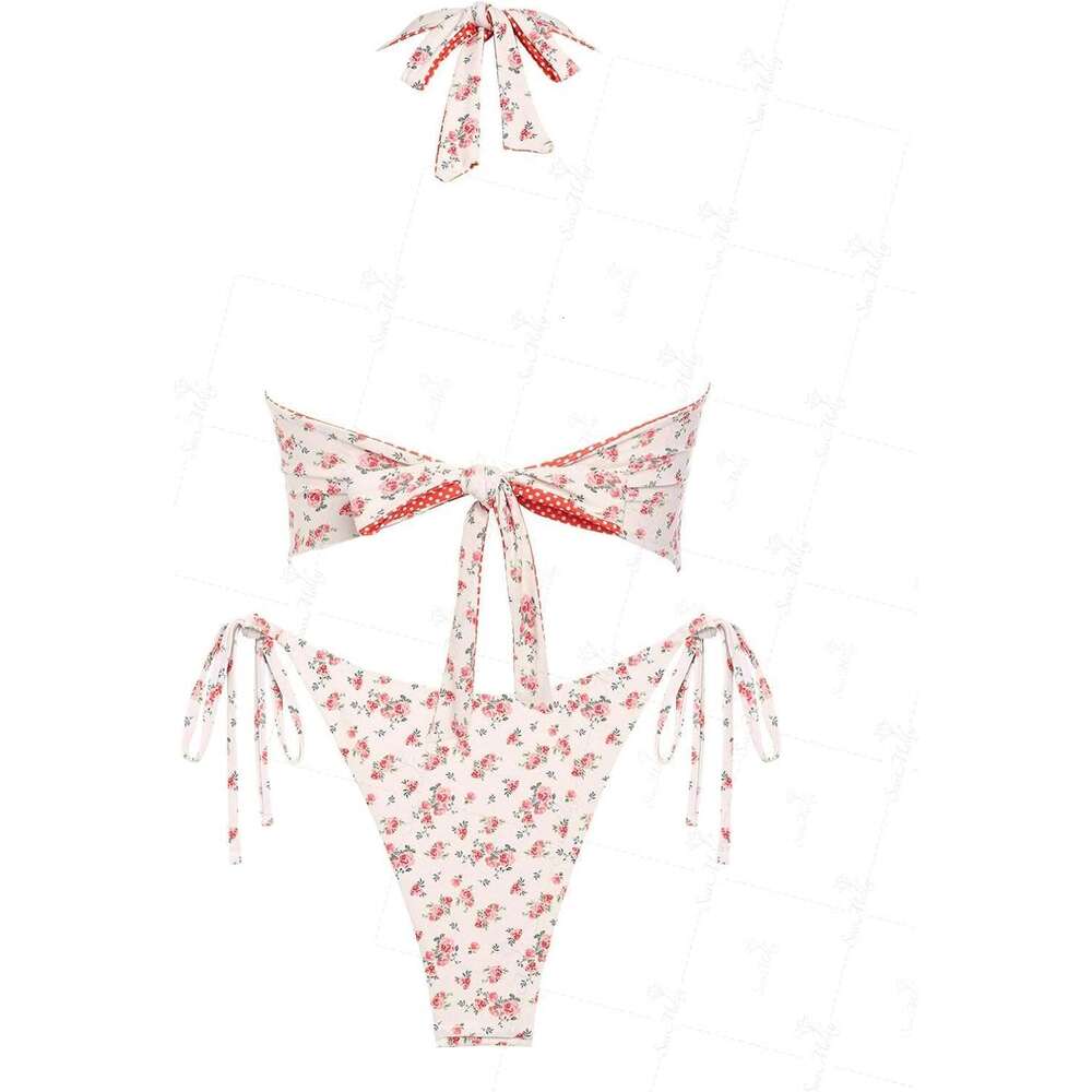 DHEssentials Red Gingham Floral Printed Halter Tie Side Chic Tankini Set