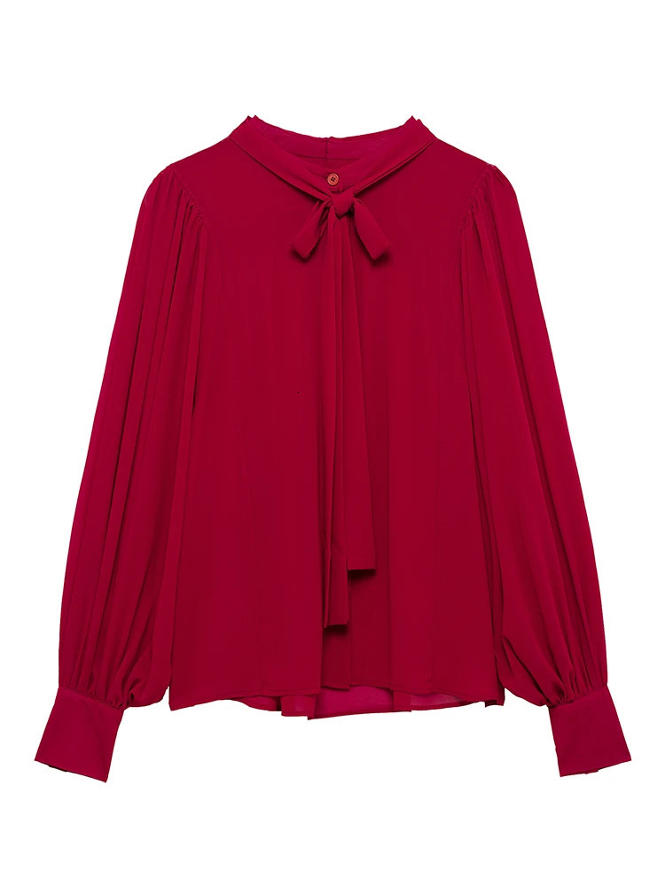 TFMLN 2025 Women Solid Bow Collar Blouses Office Ladies Thin Translucent Red Tops High Street Loose Sweet Girls Shirt 250516Z
