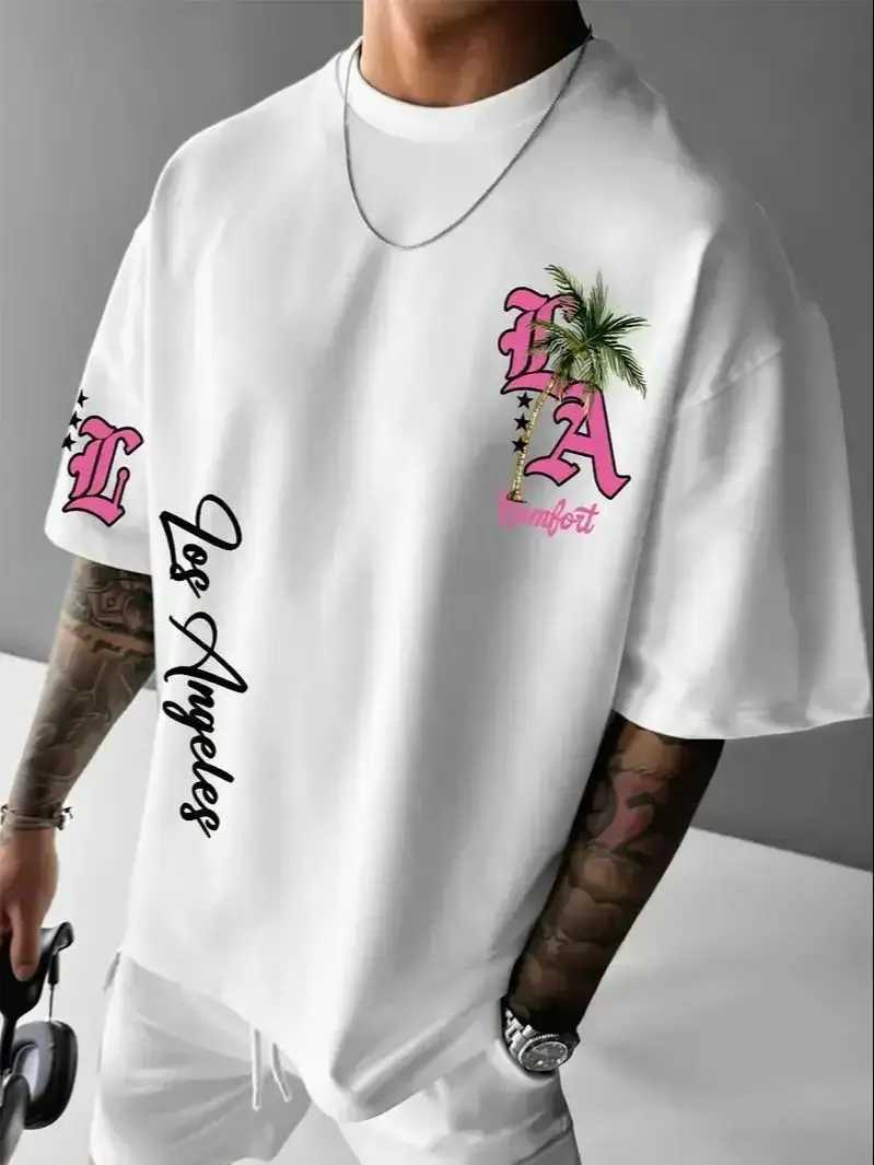 LA Letter Print Casual Graphic T-Shirt Short Sleeve Sports Womens T-shirt Unisex Casual Daily Wear Summer Mens Racing T-shirt J250515M79X