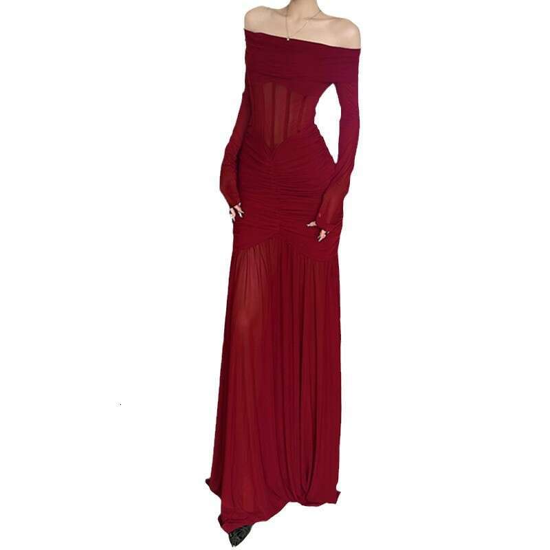 Sheath Dress Evening Sexy One Shoulder Fishbone Waist Mesh Splicing Folded Hip Wrapping Long Sleeve Dress Spring Summer Dress