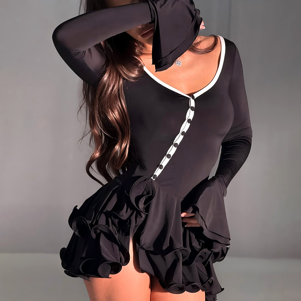 Womens 2025 summer flared sleeve waist cinched low cut sexy spicy button up dress 250517