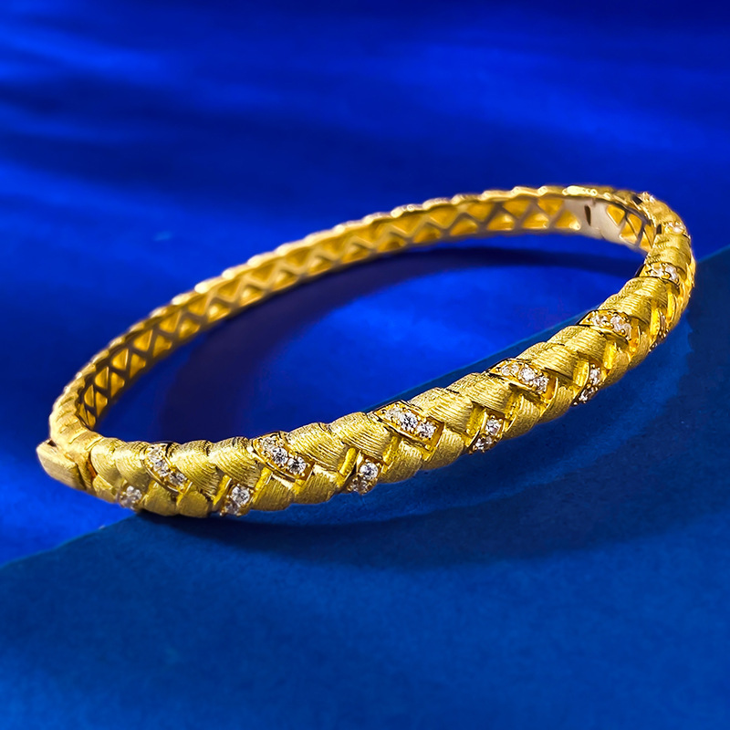 Elegant S925 Sterling Silver Gold-Plated Woven Wheat Stalk Bracelet with Polka Dot Design, Matte Texture, Luxury Braided Cuff for Women