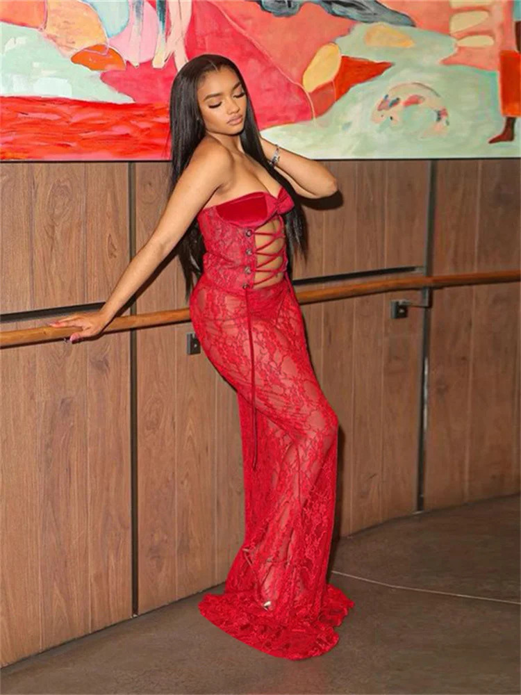 Nibber Lace Sexy Women Maxi Dress Stunning Coquette See Through Patchwork Drawstring Strapless Bodycon Mujer Midnight Club Robe 250517