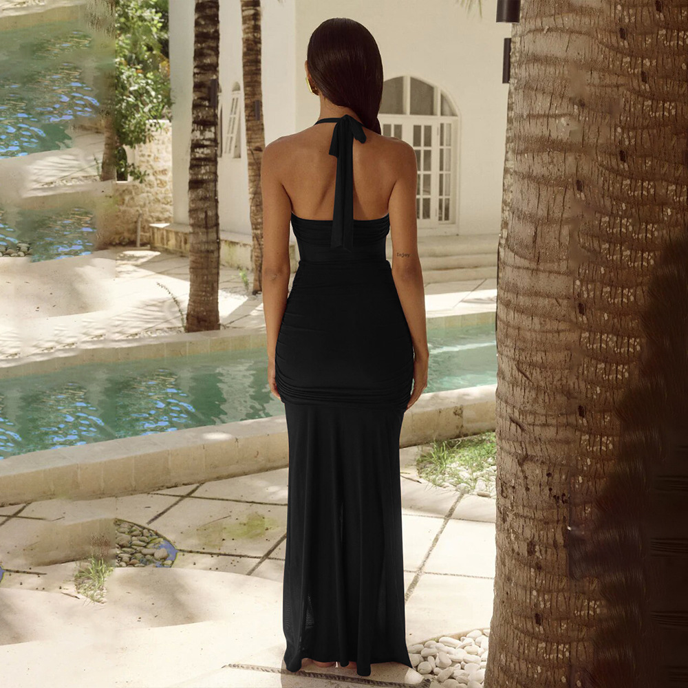 Women Beach Wear Mesh Paneling Sheer Ruffled Pure Desire Temperament Lace Up Low Collar Chest Revealing Same Style as the Blogger