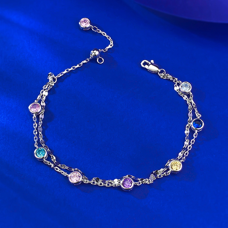 New S925 Sterling Silver Double Layer Rainbow Zircon Adjustable Bubble Bracelet Fashion Jewelry