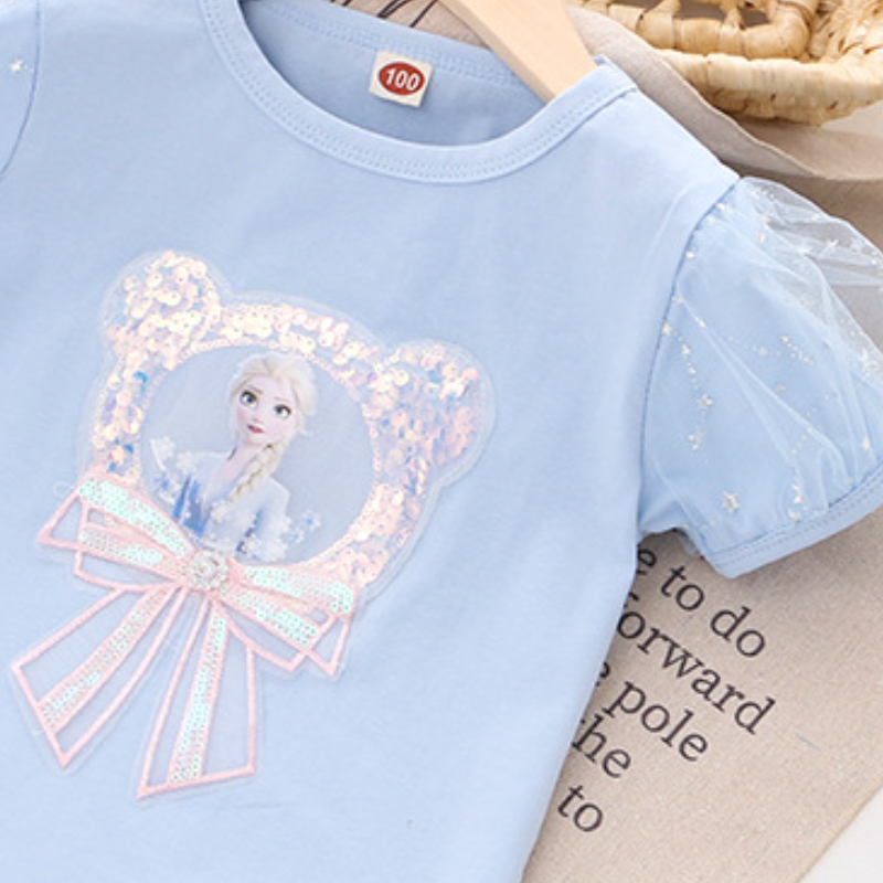 DISNEY infant designer clothes kids designer clothes Frozen Elsa princess short-sleeved puffy-sleeve T-shirt with shiny sequins on top.