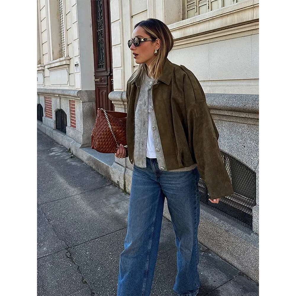 Fashion Suede Zipper Bomber Jacket For Women Vintage Turn Down Collar Long Sleeve Coats Lady New Street Chic Short Outerwear Designer