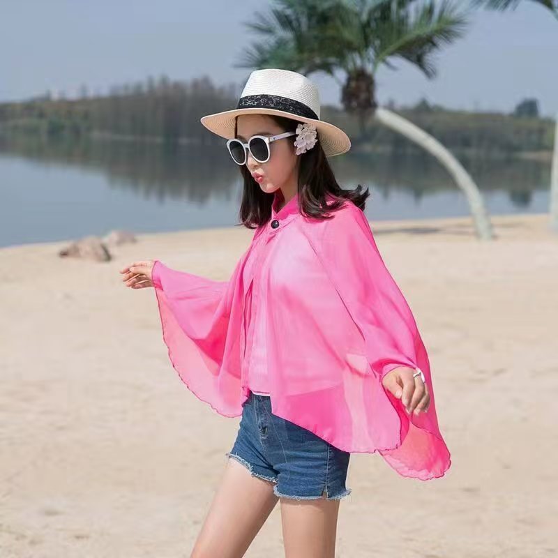 K769 Foreign Trade 2024 Cross-border New Style Solid Color Wind Outer Dress Button Chiffon Sunscreen Women's Fashion Travel Shawl Live Broadcast