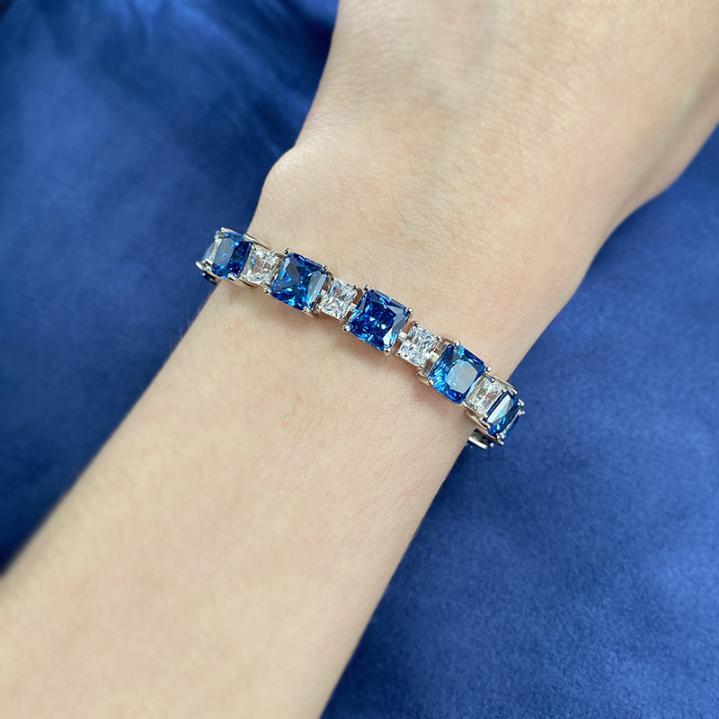 New 925 Sterling Silver Fashion Blue Simulated Diamond Bracelet for Women Elegant Ice Flower Design Luxury Gift Choice