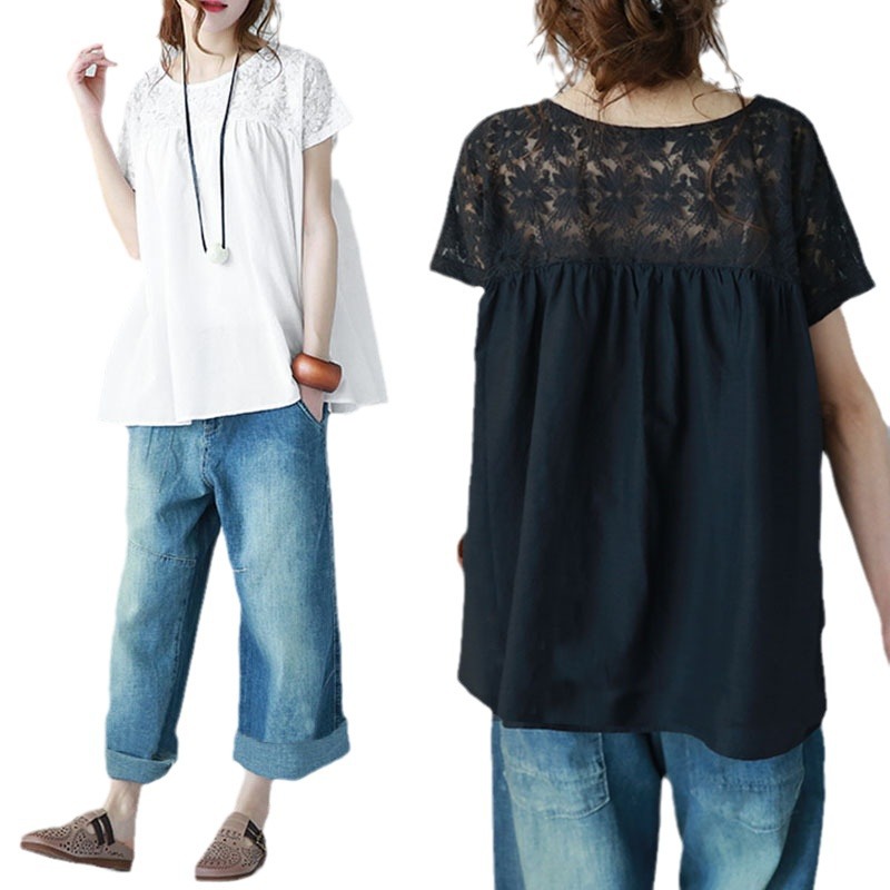 2025 Foreign Trade New Large Solid Color Lace Short Sleeve Shirt Top Splicing Women's Clothing ddmySept