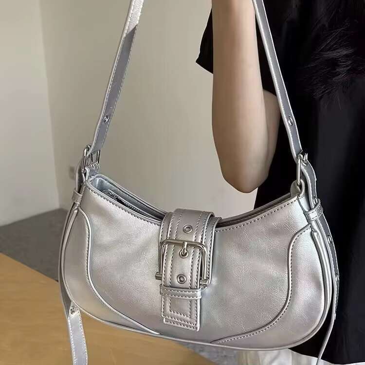 Silver Shoulder Baguette Bag for Women Vintage Y2K Style PU Leather Underarm Purse Small Retro Handbag with Buckle Flap for Daily Commuting or Party