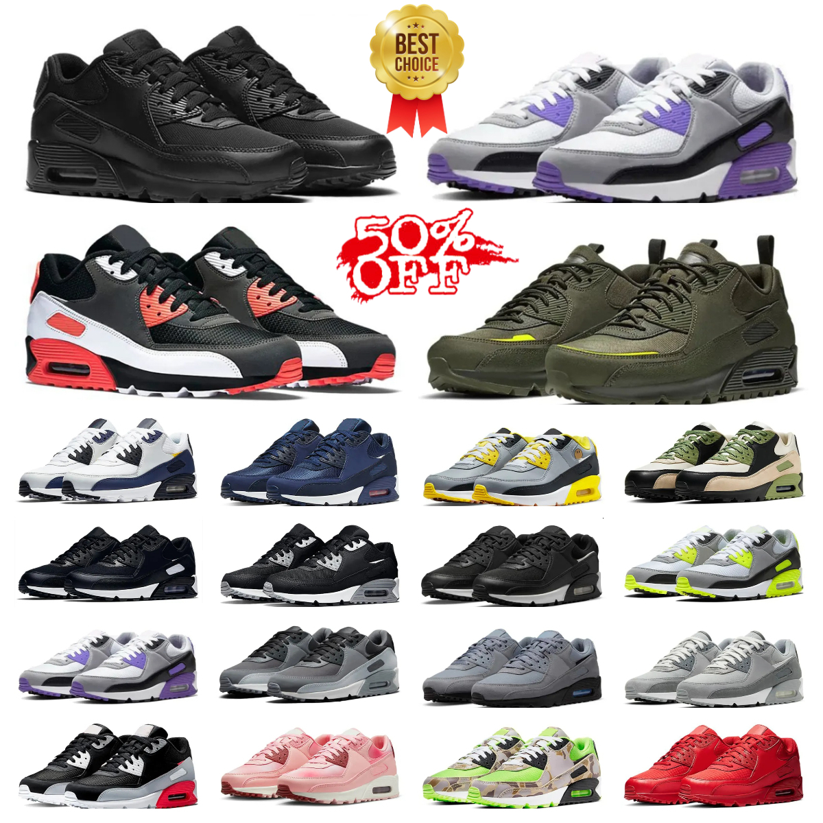 2025 Designer Men 90 Running Sports Shoes Triple White Black Red 90s Wolf Grey Polka Dot Total Orange Laser Blue Runner Hyper Grape Royal Women Trainer Sneakers