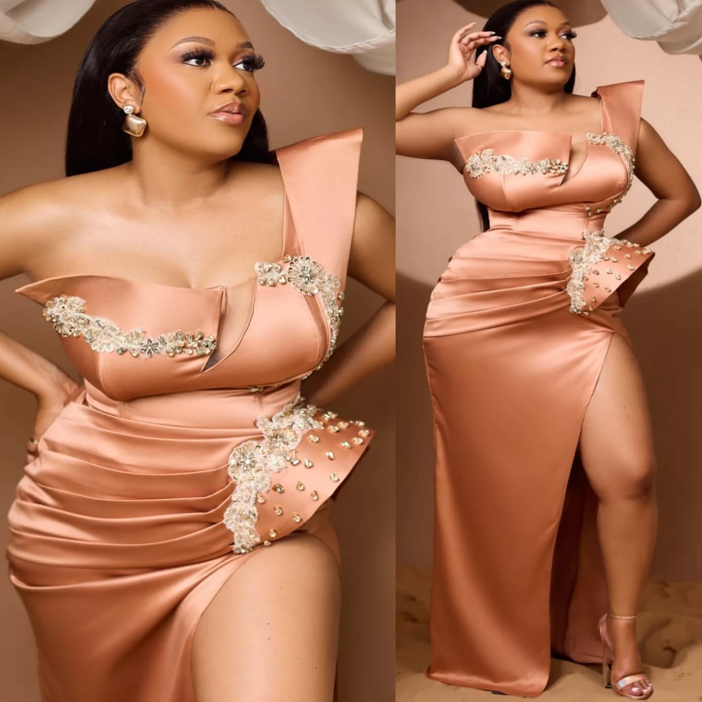 Champagne Sheath Plus Size Prom Dresses 2025 Lace Beaded Satin High Split Evening Formal Party Second Birthday Engagement Gowns Dress For Special Occa