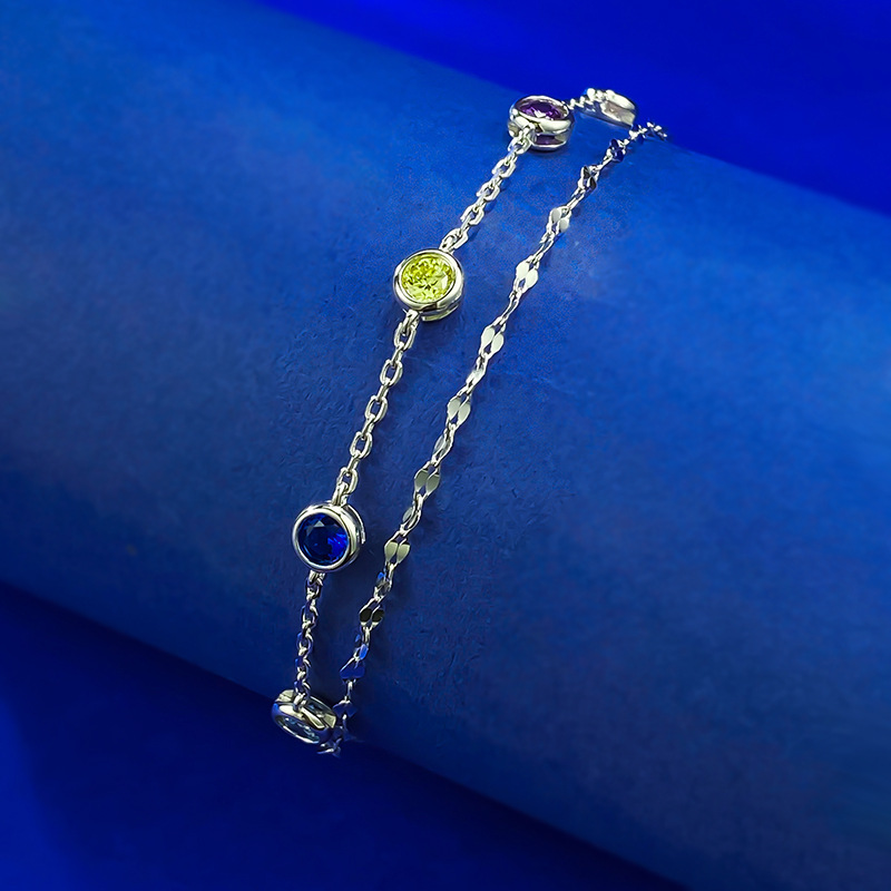 New S925 Sterling Silver Double Layer Rainbow Zircon Adjustable Bubble Bracelet Fashion Jewelry