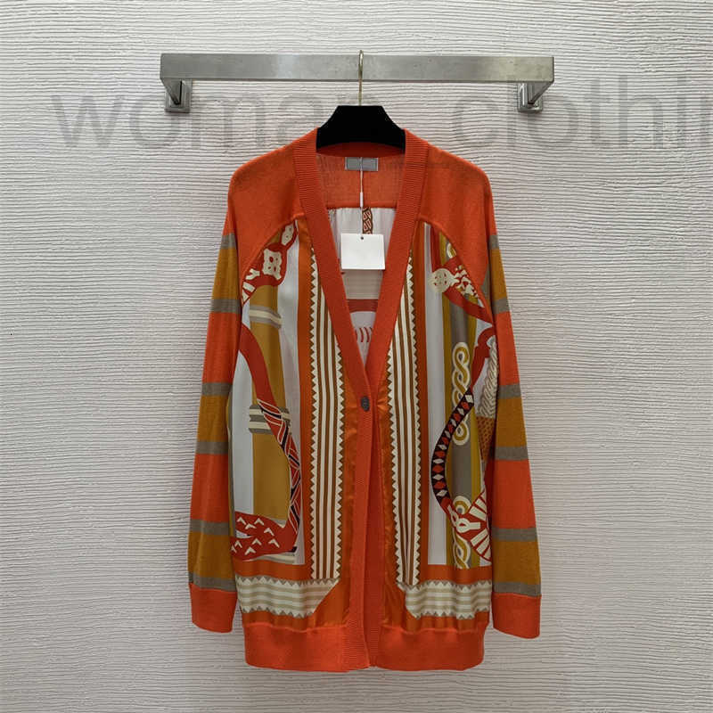 Women's Sweaters Designer Cardigan Woman Cashmere Sweater Women Casual Style Orange Silk Wool Blend Fashion Printed V-neck Long Sleeve Knitwear ACI7