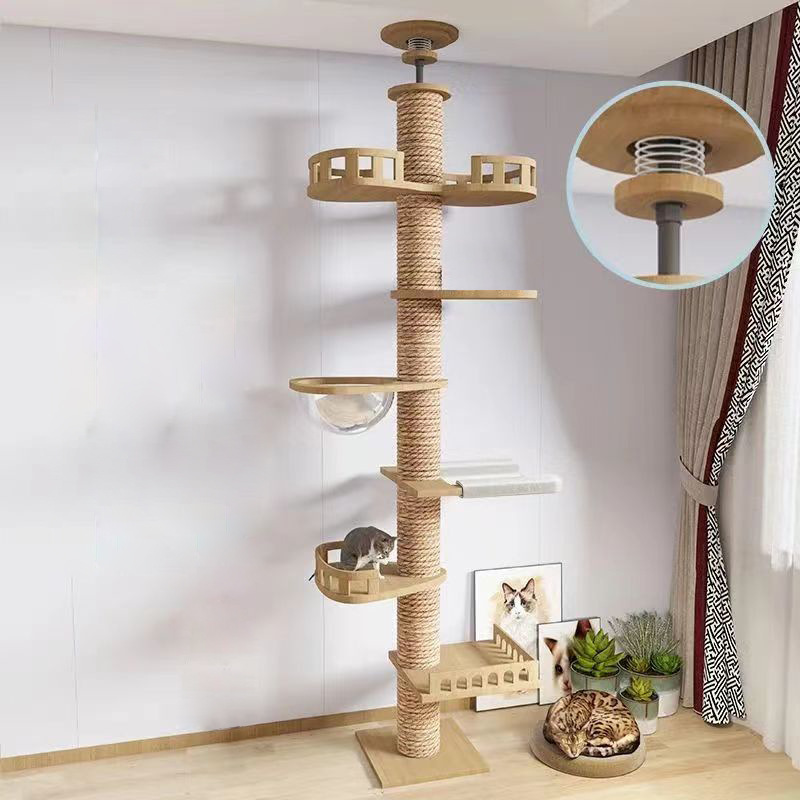 Cat Tree Solid Wood Cat Climbing Tower with Robust Structure - Height 100 Inch