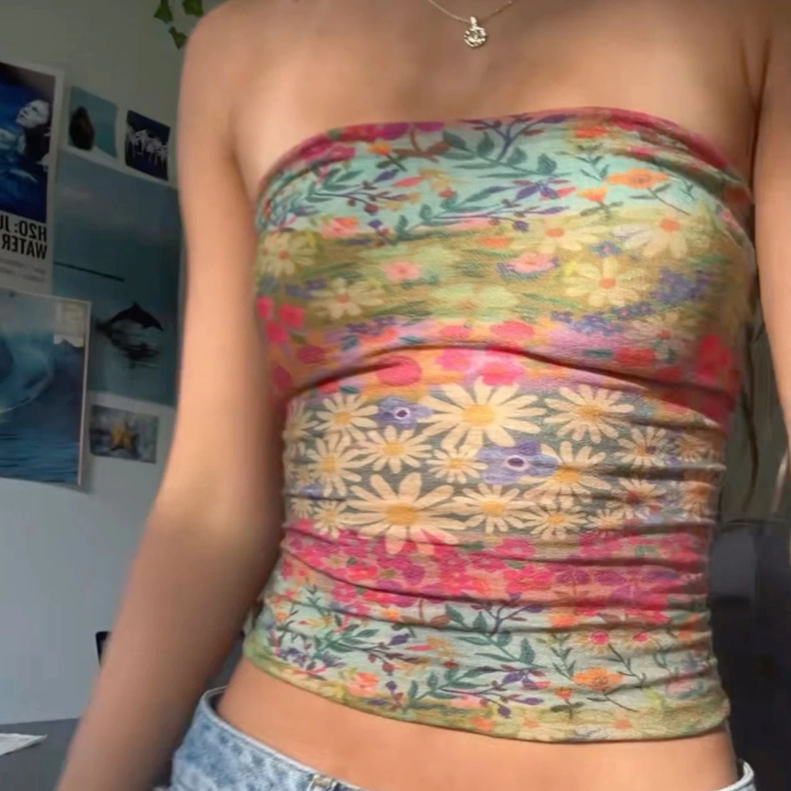 Summer Boho Bandeau Vest Cute Hiking Outfits Preppy Style Fitness Girl Strapless Tube Tops Graphic Print Off Shoulder Crop Tops 250519