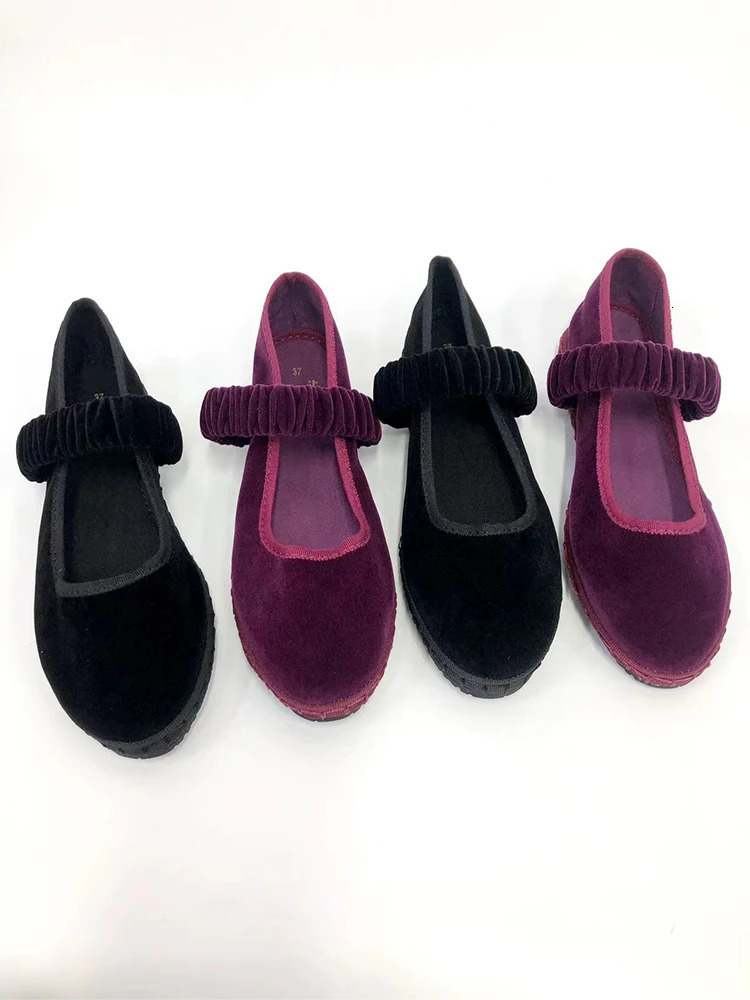 Elastic Band Velvet Mary Janes Ballet Flats Shoes Women Trend Solid Color Fabric Canvas Shoes Ladies Elegant Loafers Black 250515