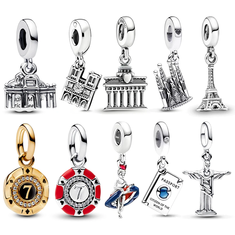 FewDook Madrid Barcelona Passport Dangle Charm Fit Original Pan Charms Bracelet Necklace DIY Women 2025 Summer New Tourist Landmarks Fine Jewelry Gift Accessories