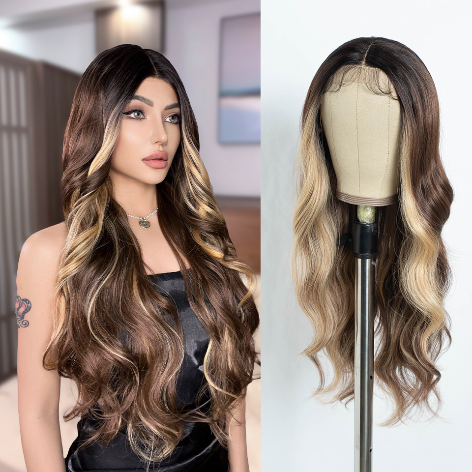 Rebecca Fashion 30 Inch Body Wavy Long T Part Lace Dark Brown Ombre Blonde Cosplay Front Wig for Women