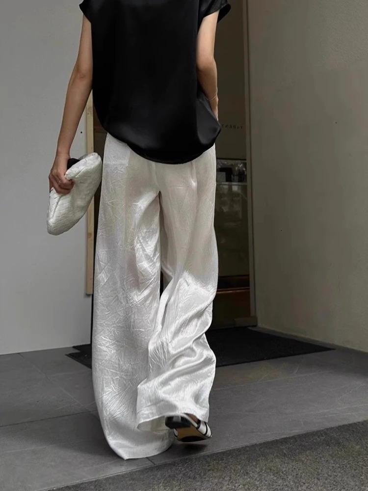 Pleated Pants Triacetic Acid Satin Wide-leg Pants Womens Early Spring White Satin Pants Drape Ice Silk women 250517