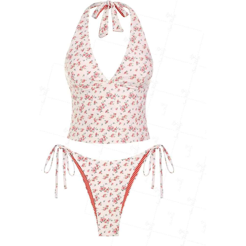 DHEssentials Red Gingham Floral Printed Halter Tie Side Chic Tankini Set