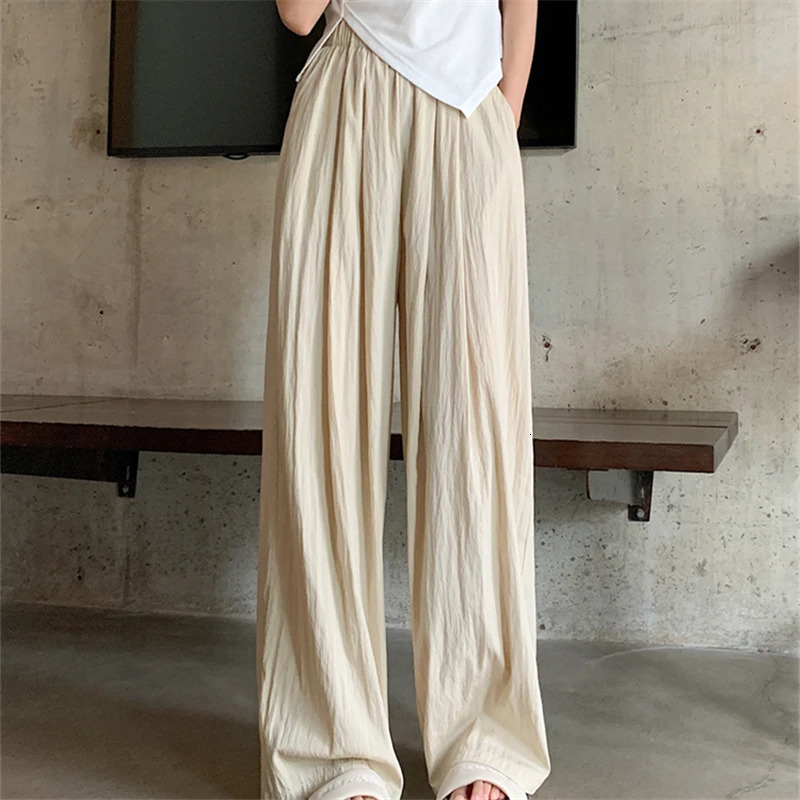 Seoulish Ice Silk Pleated Womens Trousers Summer High Waist Draping Casual Loose Full Length Wide Leg Pants Female 250517