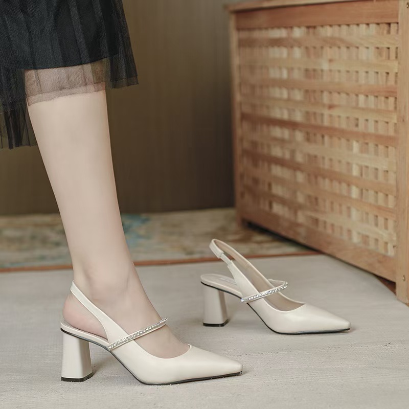 Summer/Spring 2023 Pointed Toe Chunky Heel Sandals Solid Elegant High Heels Sheepskin Women Party Shoes 262f s